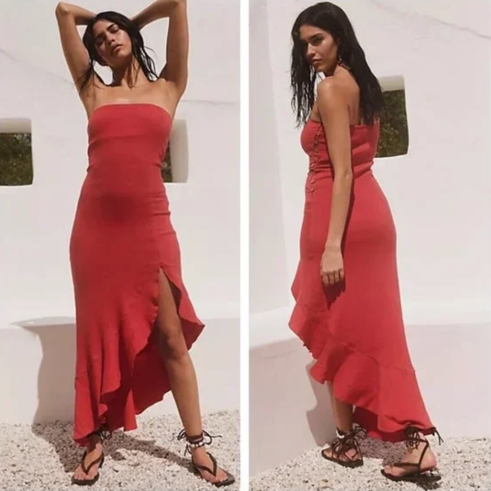 Free People Made Me Blush Red Strapless Smocked Tube Midi With Ruffle NWOT XL